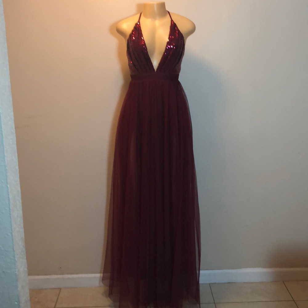 Burgundy prom dress.